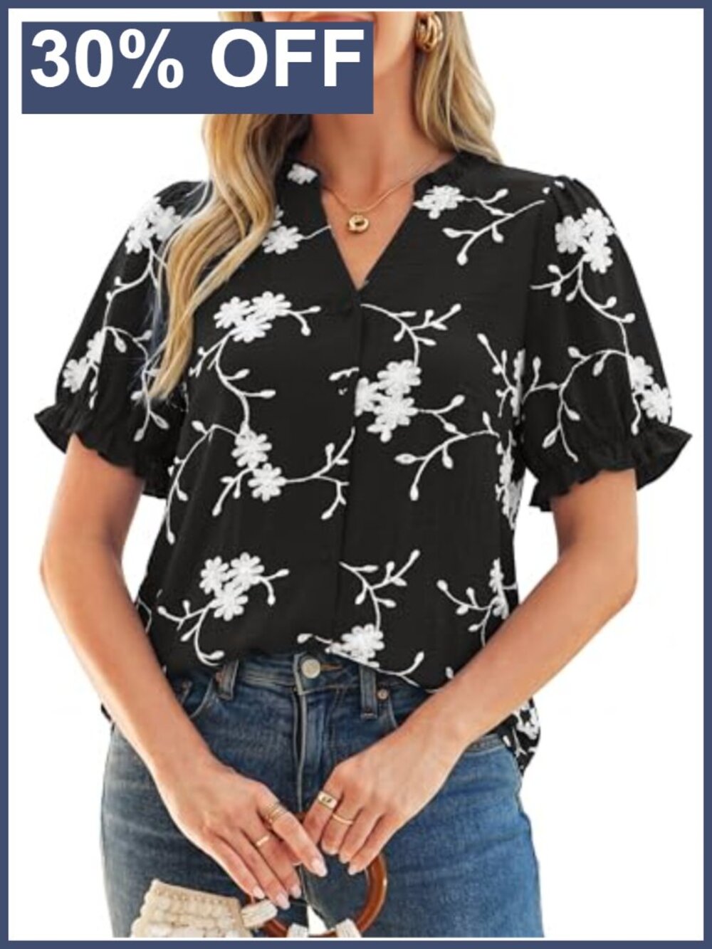 Womens Embroidered Ruffle V-Neck Button Down Blouse Puff Sleeve Summer Top